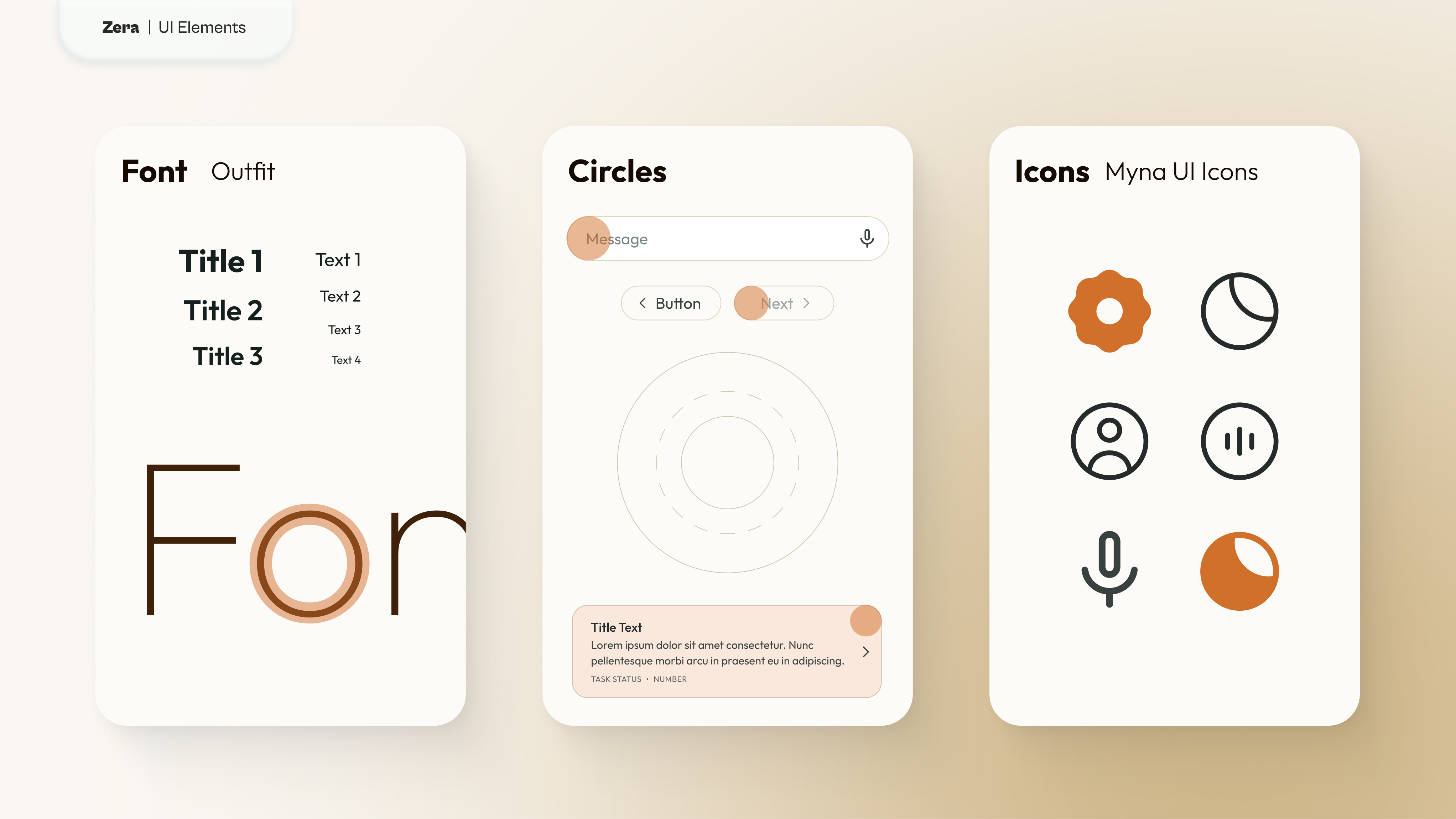UI elements for a digital interface including font styles with titles and body text, a circular progress indicator with navigation buttons, and a set of icons with a muted orange and beige color scheme.