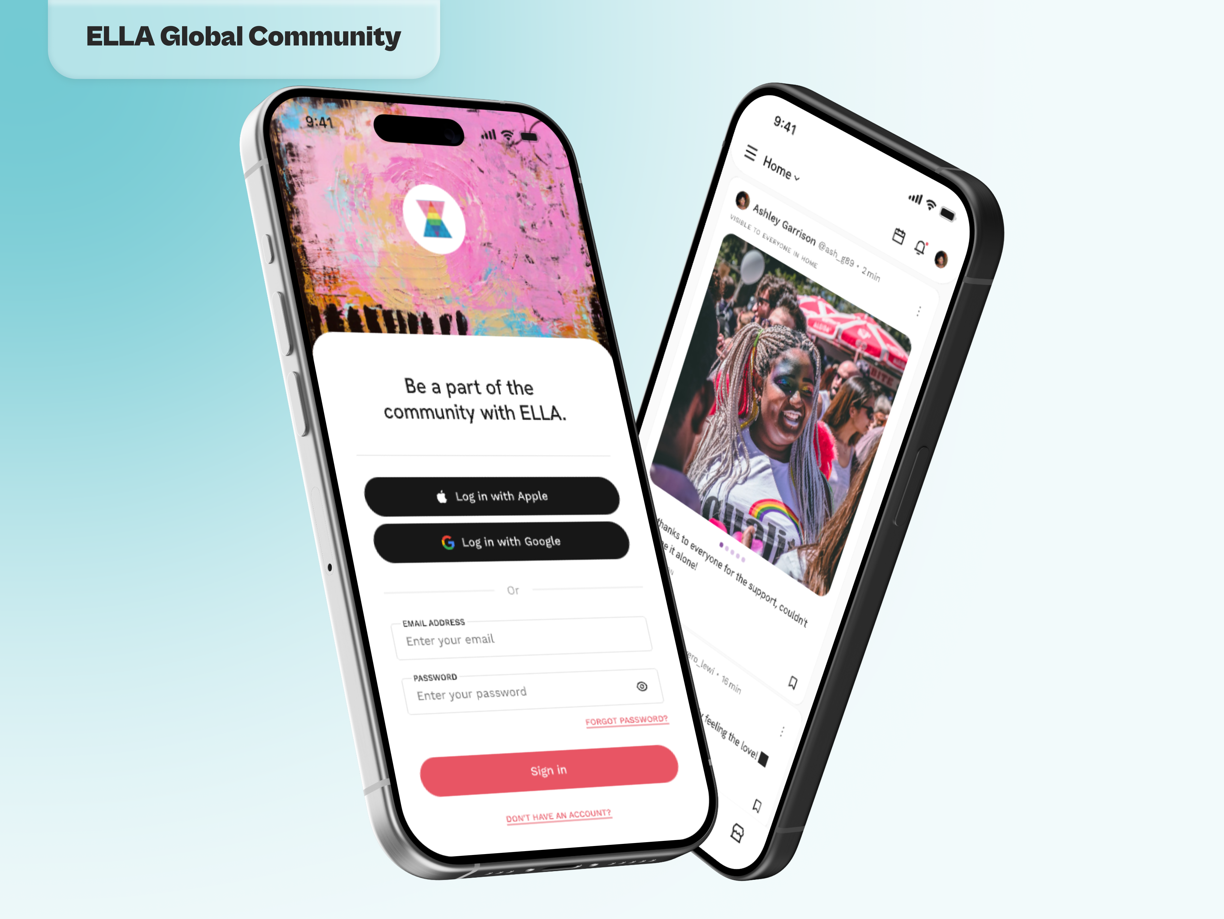 Two smartphones displaying a social media app; one shows a login screen for "ELLA" with "Log in with Apple" and "Log in with Google" buttons, and the other displays a feed with a user's post featuring a person with colorful accessories.