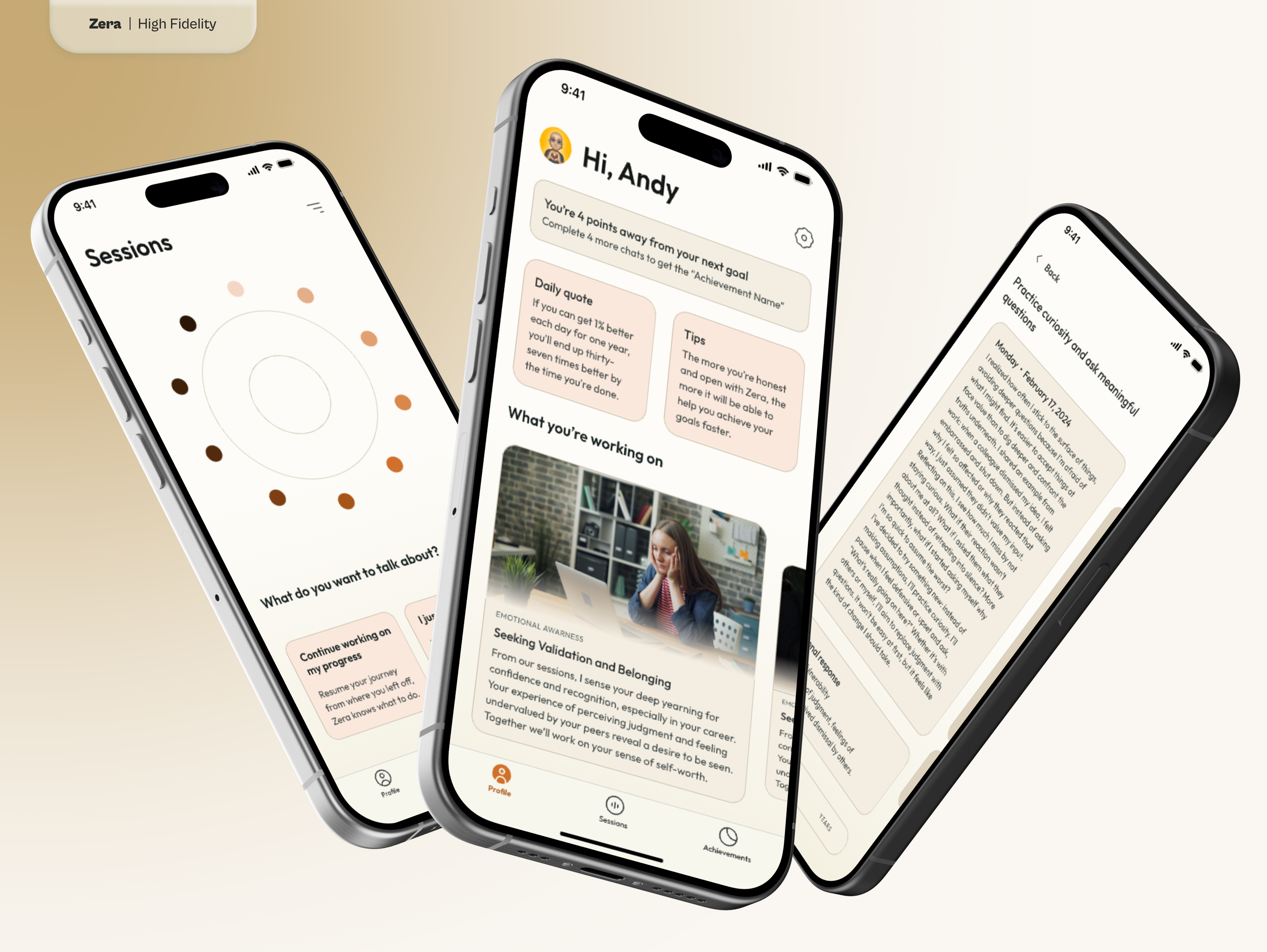 Three smartphone screens displaying a wellness app interface with motivational quotes, progress tracking visualizations, and journaling prompts.
