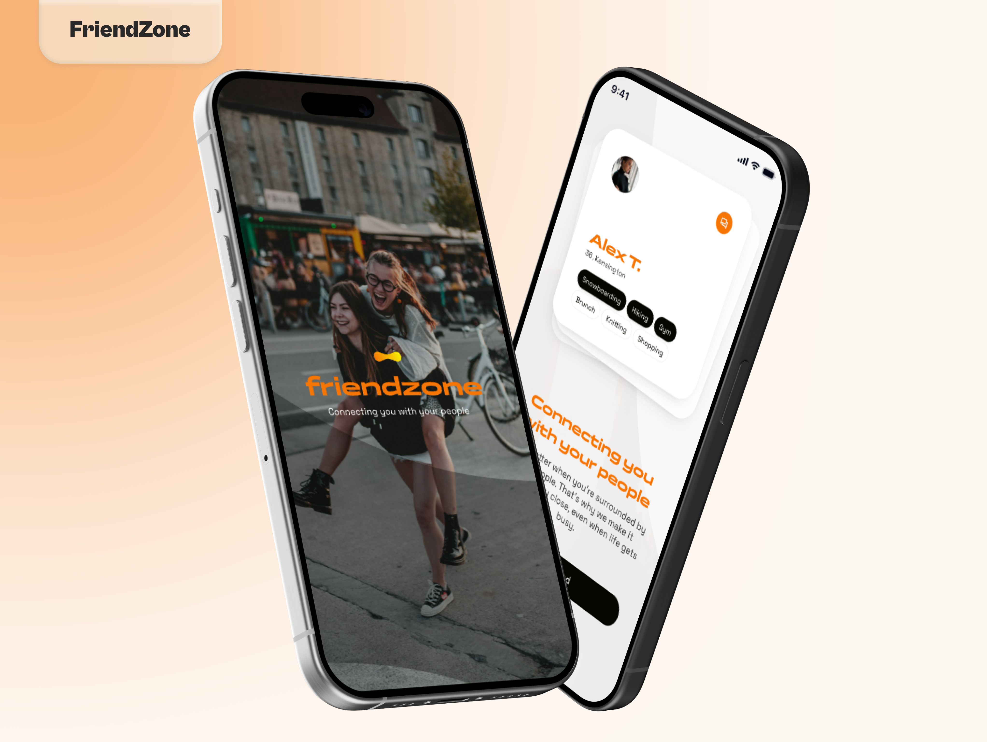 Two smartphones displaying the "Friendzone" app, one showing a profile picture of two friends and the app logo, the other displaying a user profile with interests and a "Connecting you with your people" message.
