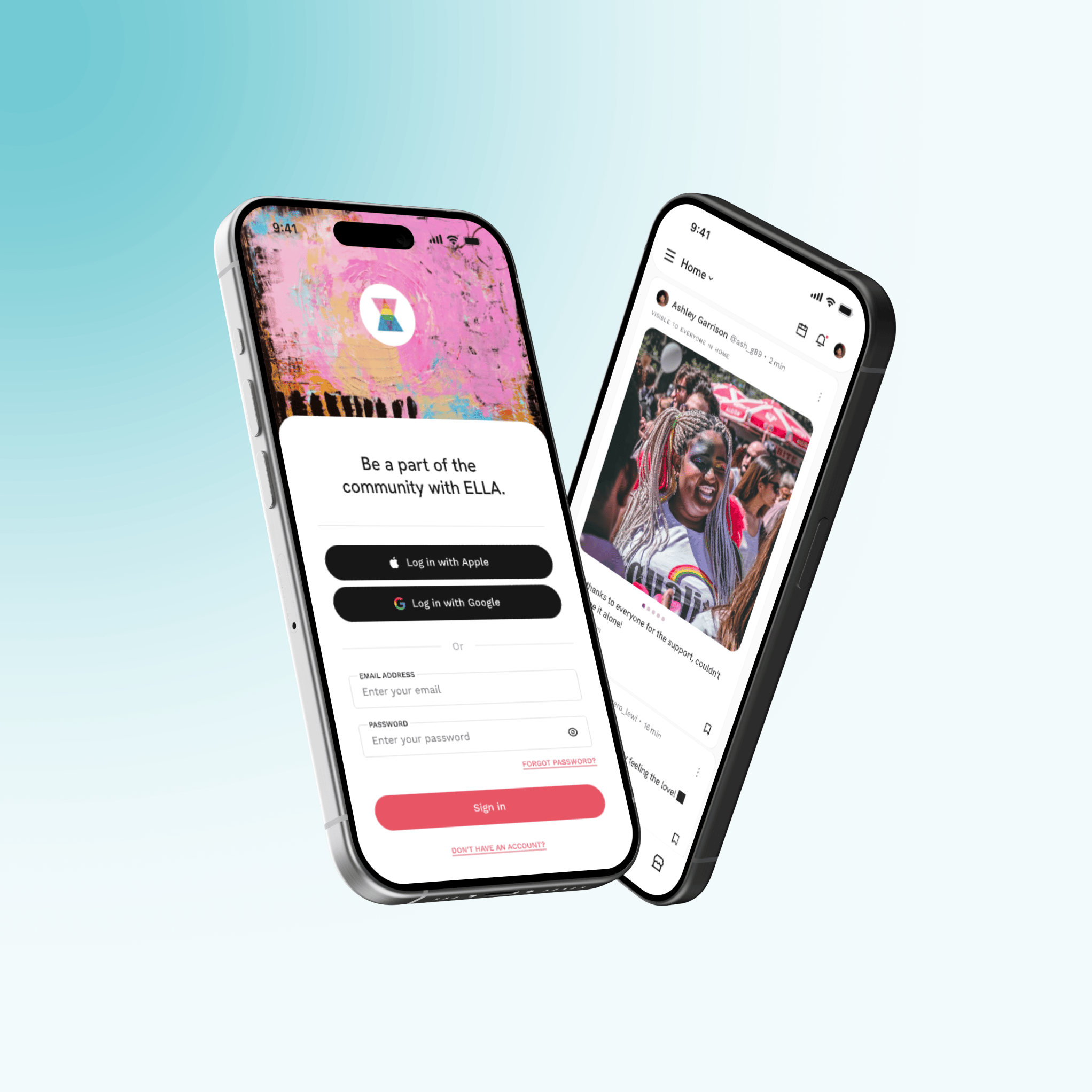 Two smartphones displaying a social media app; one shows a login screen for "ELLA" with "Log in with Apple" and "Log in with Google" buttons, and the other displays a feed with a user's post featuring a person with colorful accessories.