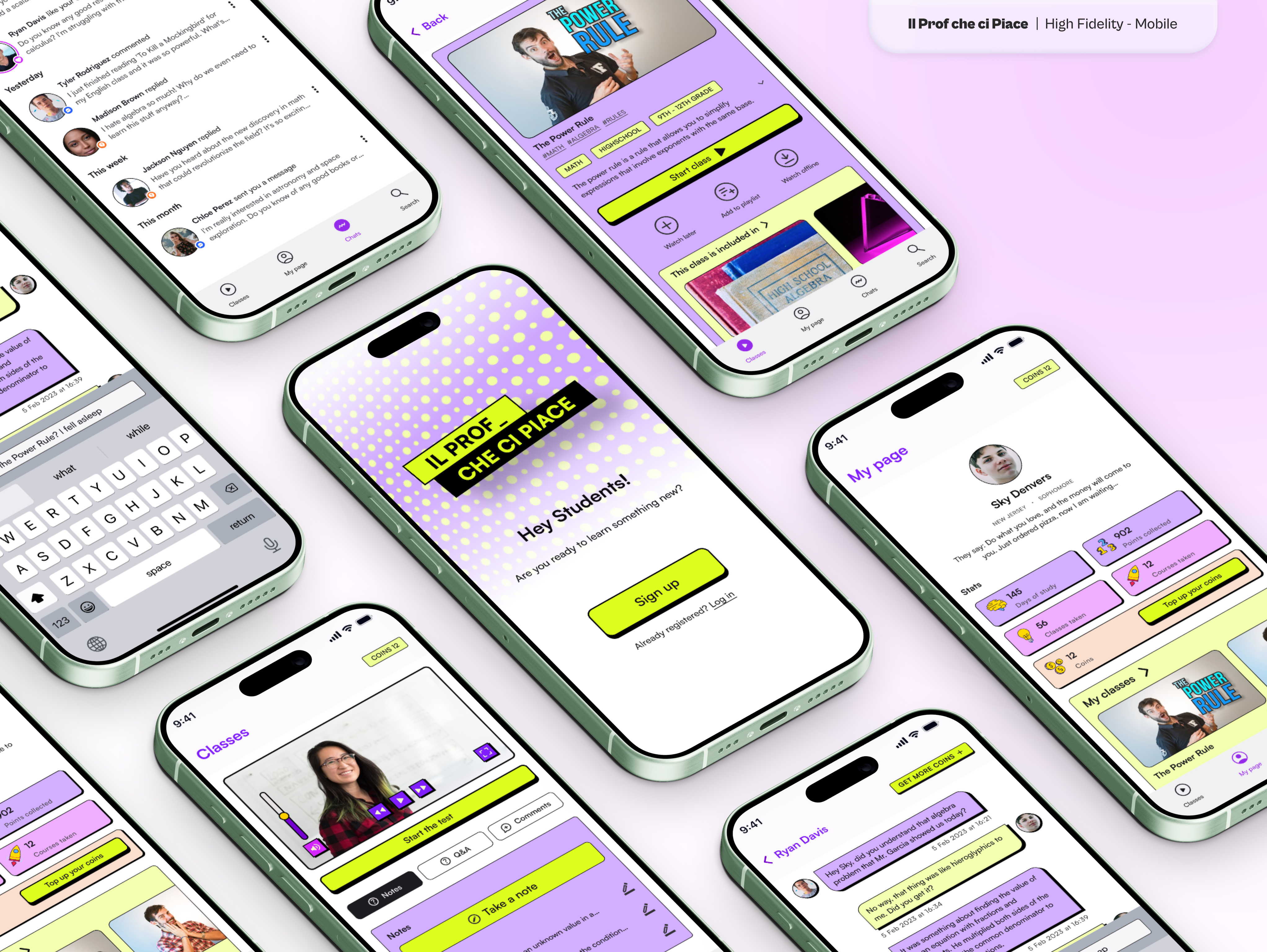 A flat lay composition showcasing multiple mobile phone screens displaying a digital learning platform interface with vibrant colors and educational content.