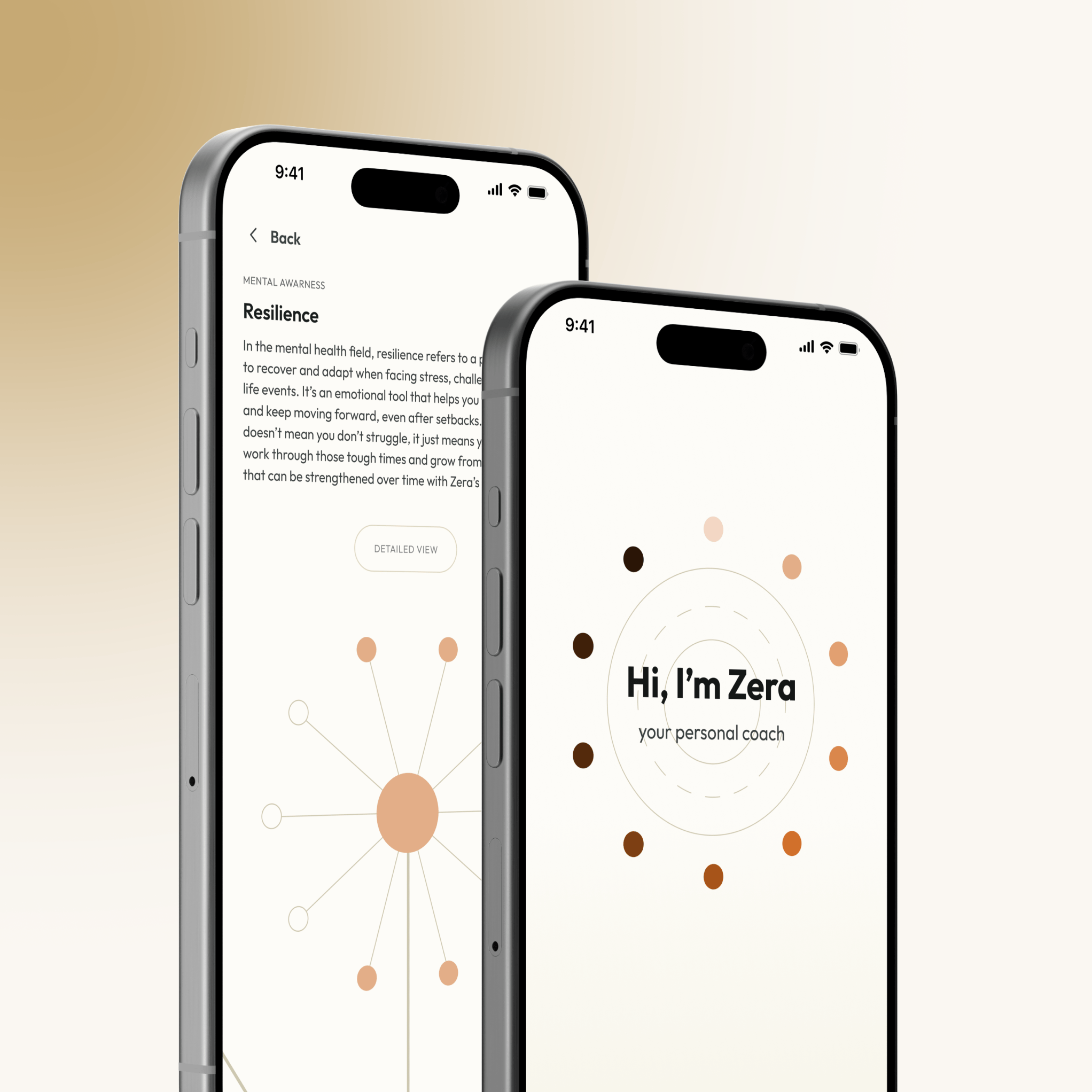 Two smartphones displaying user interface elements related to mental wellness, one showing text about "Resilience" and a radial diagram, the other displaying "Hi, I'm Zera your personal coach" with a circular arrangement of colored dots.
