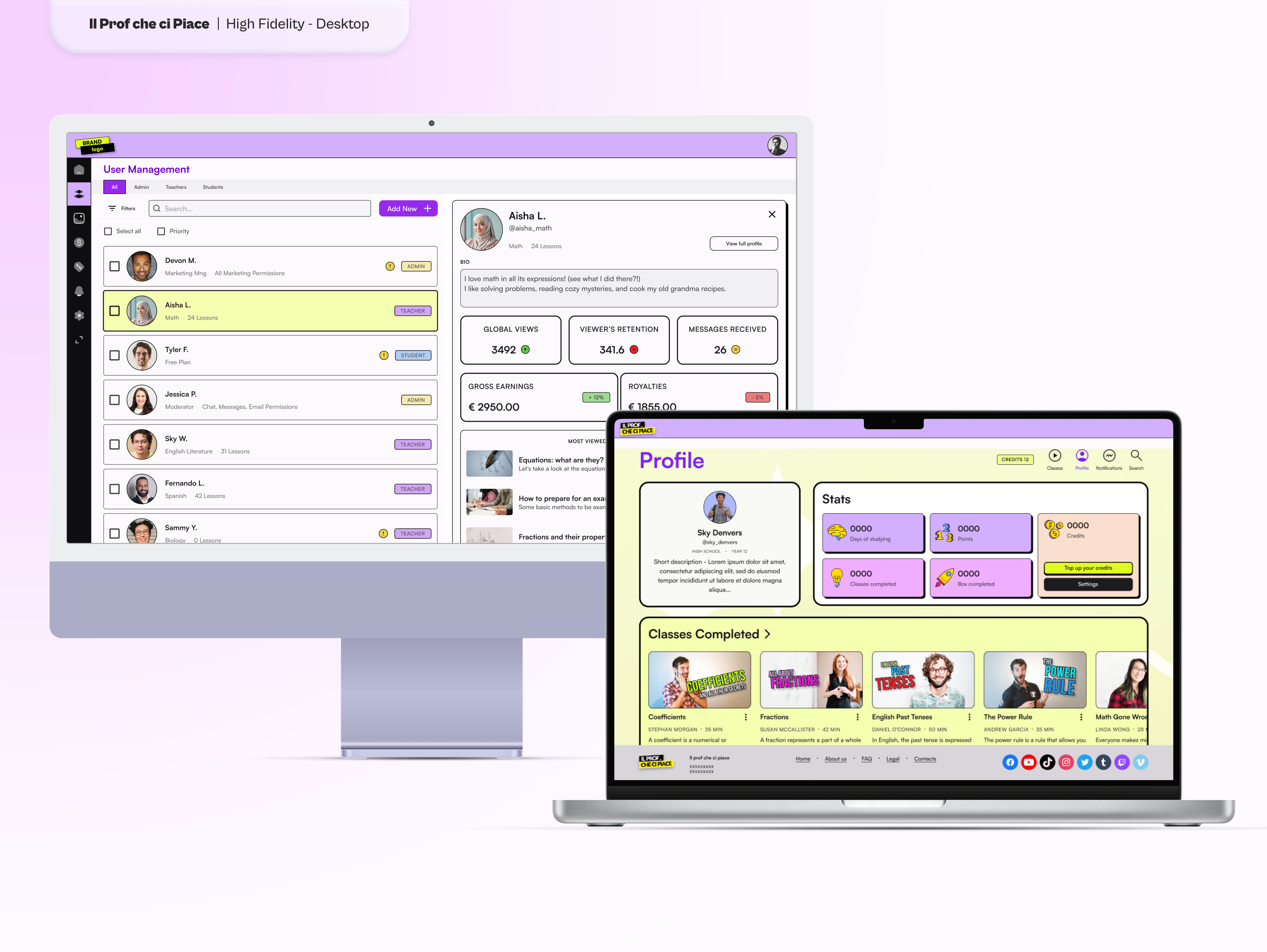 Desktop computer displaying a user management interface on the left and a profile page with statistics and completed classes on the right.