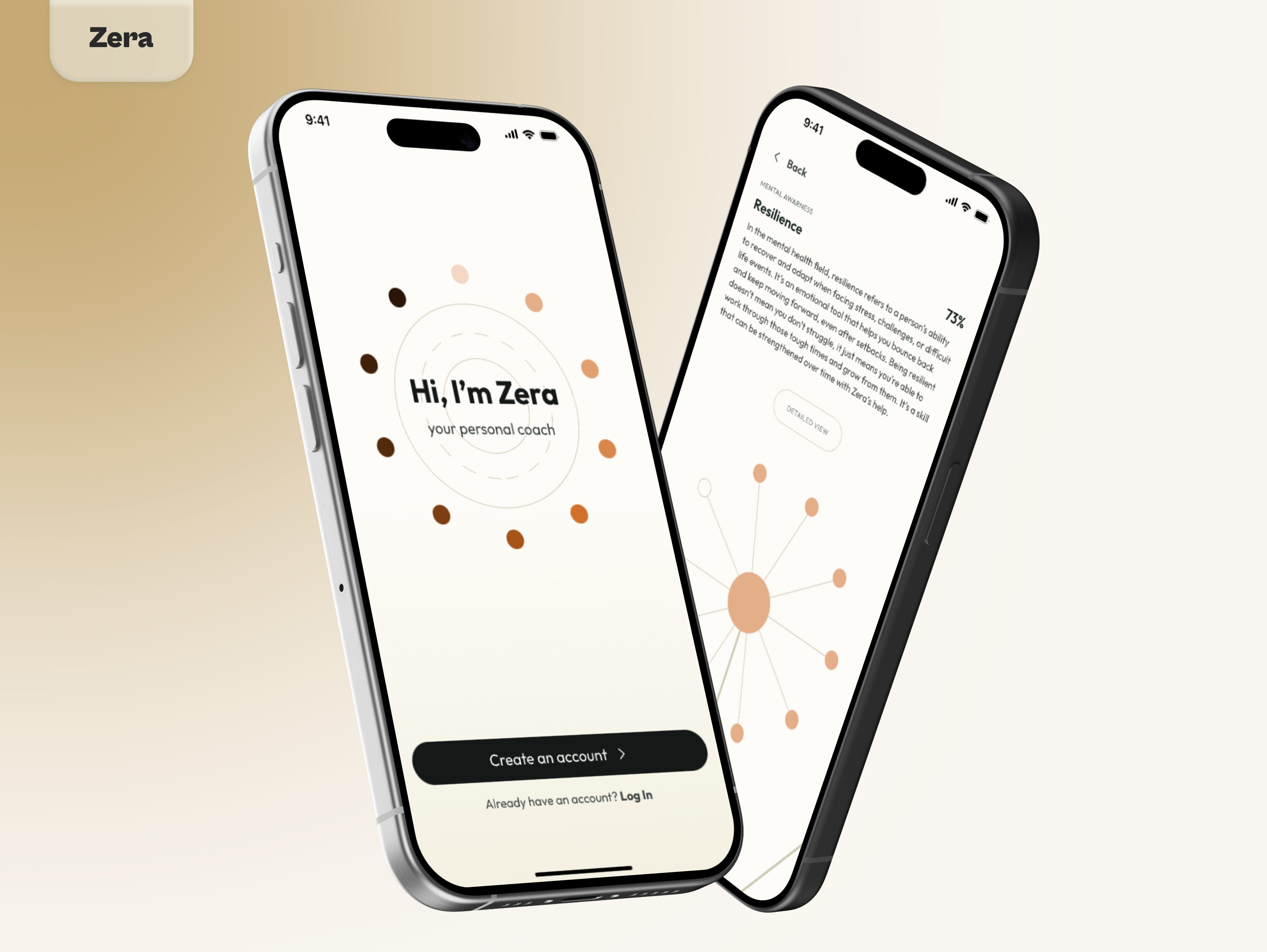Two smartphones displaying user interface elements related to mental wellness, one showing text about "Resilience" and a radial diagram, the other displaying "Hi, I'm Zera your personal coach" with a circular arrangement of colored dots.