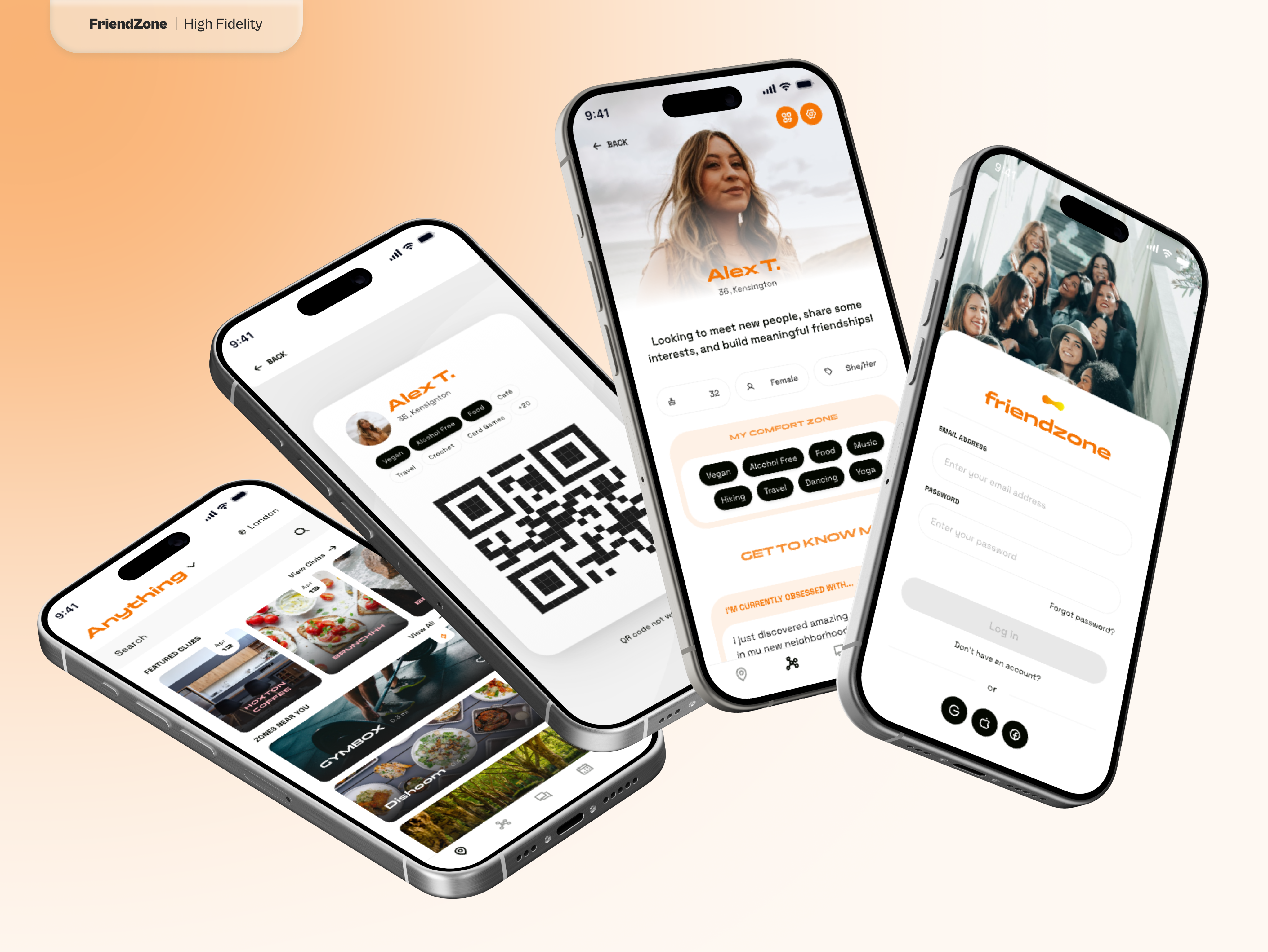 Three smartphones displaying different screens of the FriendZone app, one showing a user profile with a QR code, another displaying a social media feed with food images, and the third showing a login page with a group photo of people at the top.