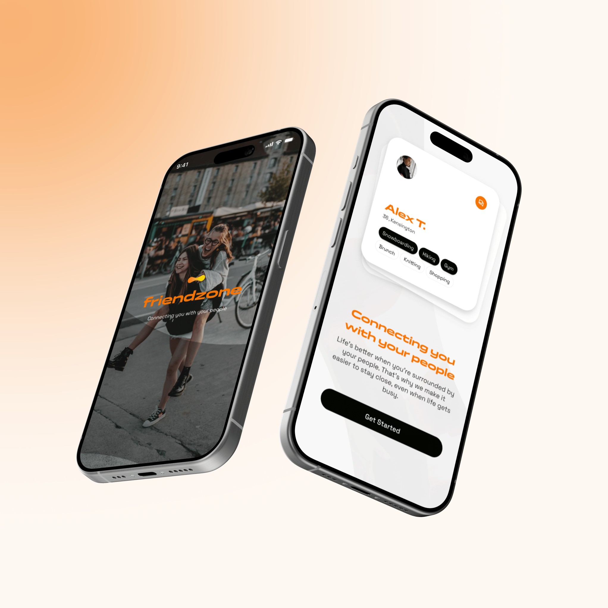 Two smartphones displaying the "Friendzone" app, one showing a profile picture of two friends and the app logo, the other displaying a user profile with interests and a "Connecting you with your people" message.